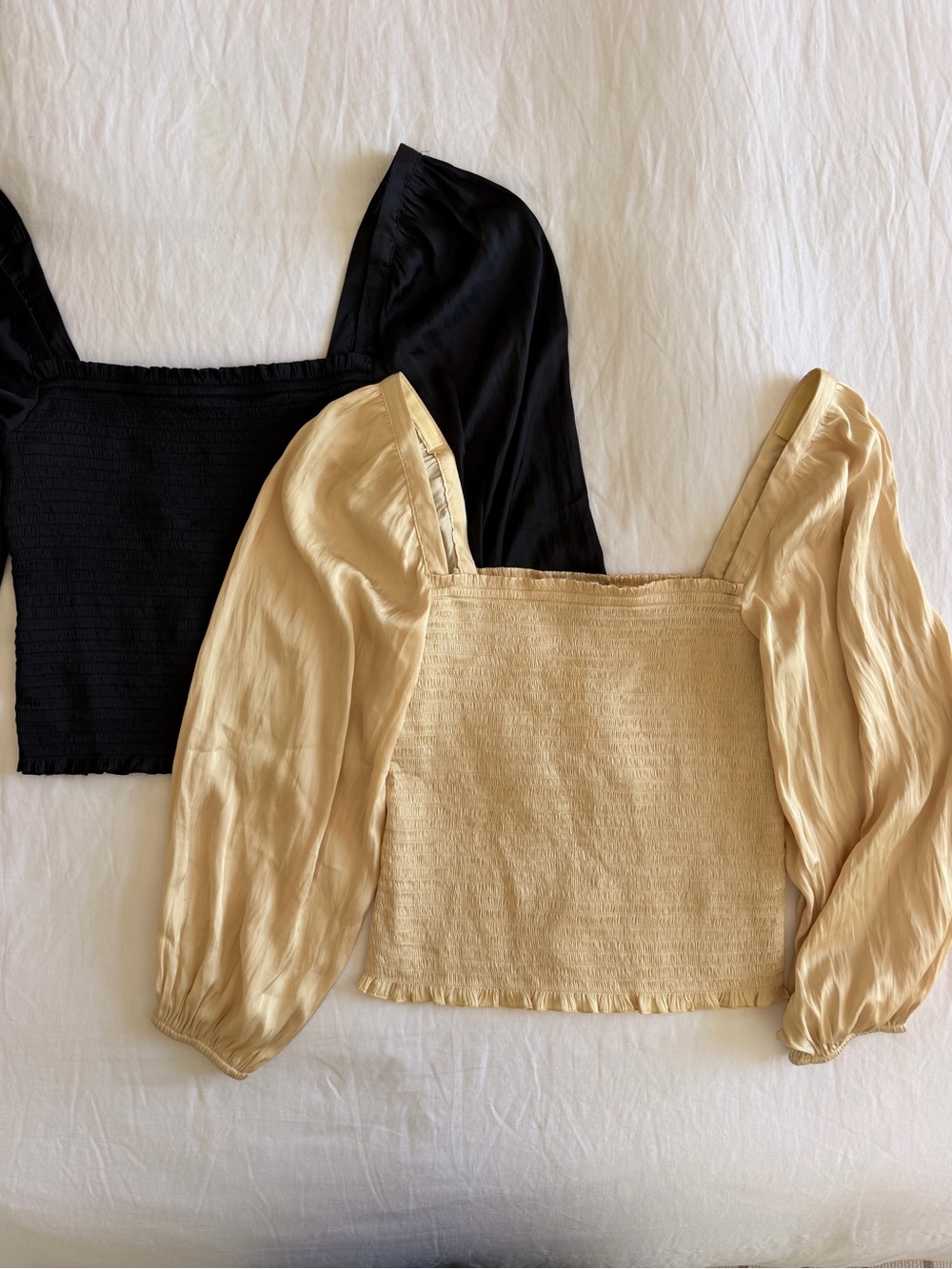 Smocked Square Neck Puff Sleeve Top - Black and Beige